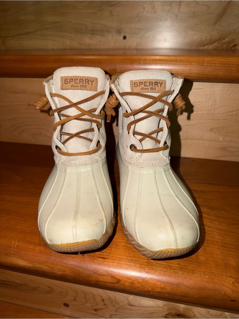 Sperry Cream and Tan Sparkling Lace-Up Duck Boots